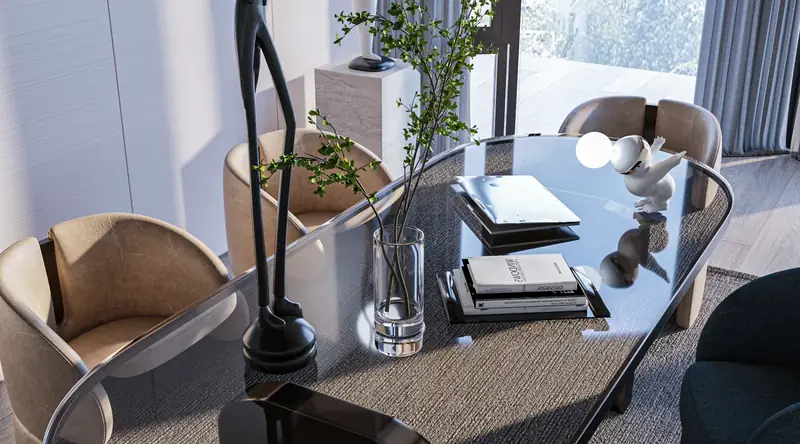 Close-up 3D rendering of a glass desk with books, a vase and leather chairs