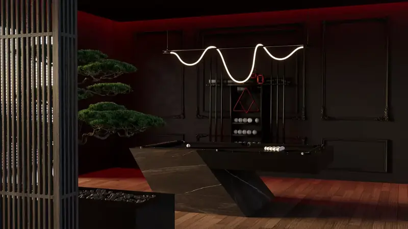 Elegant Noir, 3D rendering of a dark reception desk with a bonsai tree and a wave-shaped light