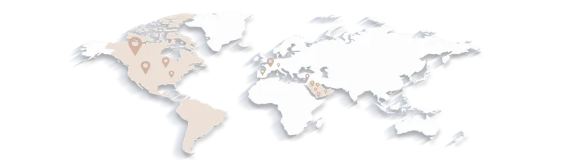 World map with pins in North America, Europe and the Middle East