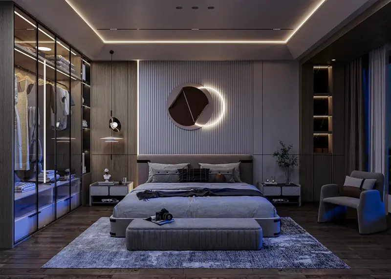 Nighttime Serenity, 3D rendering of a bedroom in night lighting