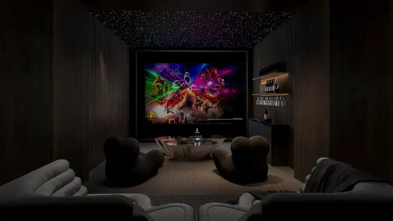 The Chic Cinebar, 3D rendering of a home theater with a starlit ceiling